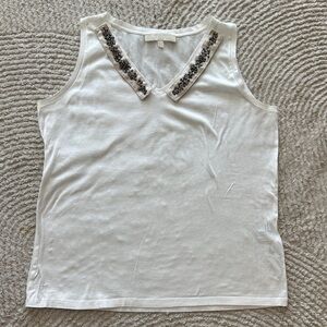 MaxMara White Sleeveless V-Neck Tank with Beaded Trim